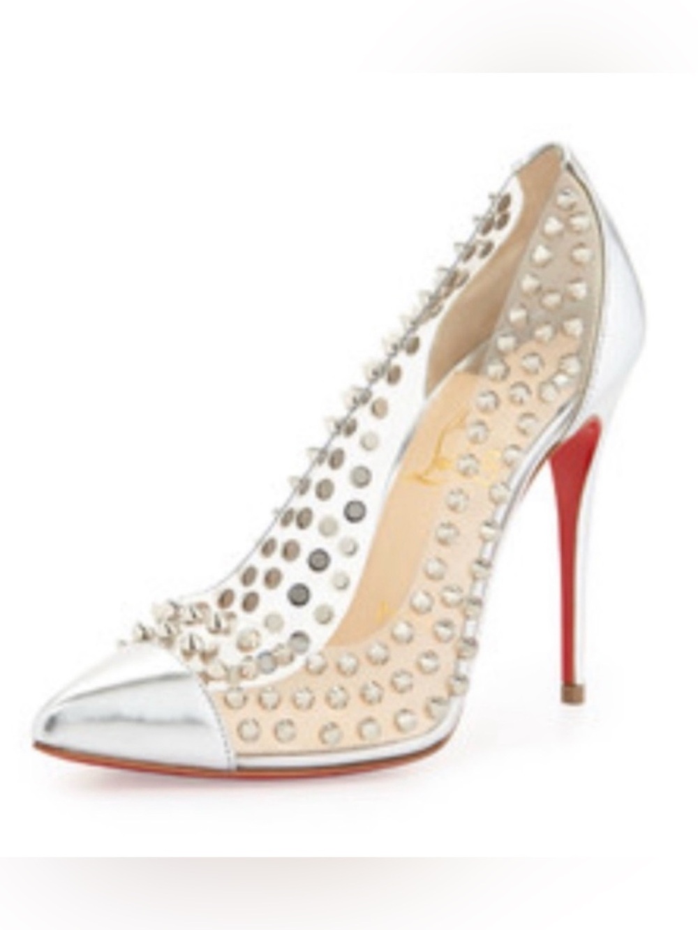 Christian Louboutin Silver Studded Pointed-Toe Pump with Red Sole Authentic